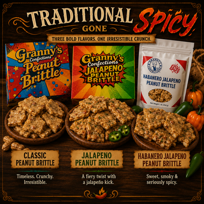 Peanut Brittle Spicy Combo - Peanut, Jalapeno, Habanero (1 Pound Bags)