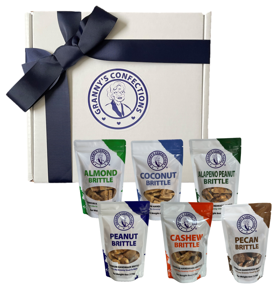 Granny's Confections Sampler Brittle Box Peanut Brittle, Cashew Brittle, Pecan Brittle, Jalapeno Brittle, Almond Brittle, Coconut Brittle