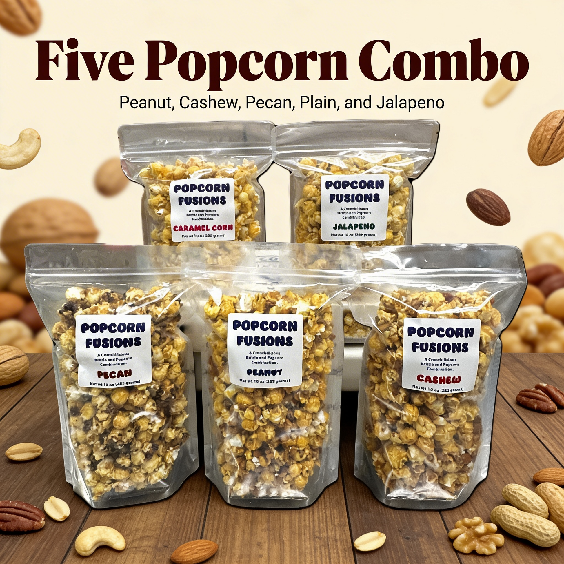 Granny's Confections Five Popcorn Combo Fusions Peanut Pecan Cashew Caramel Jalapeno