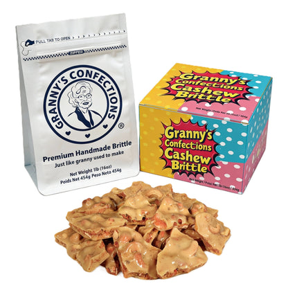 Granny's Confections Cashew Brittle packaging including a bag, box, and brittle pieces on a white background.