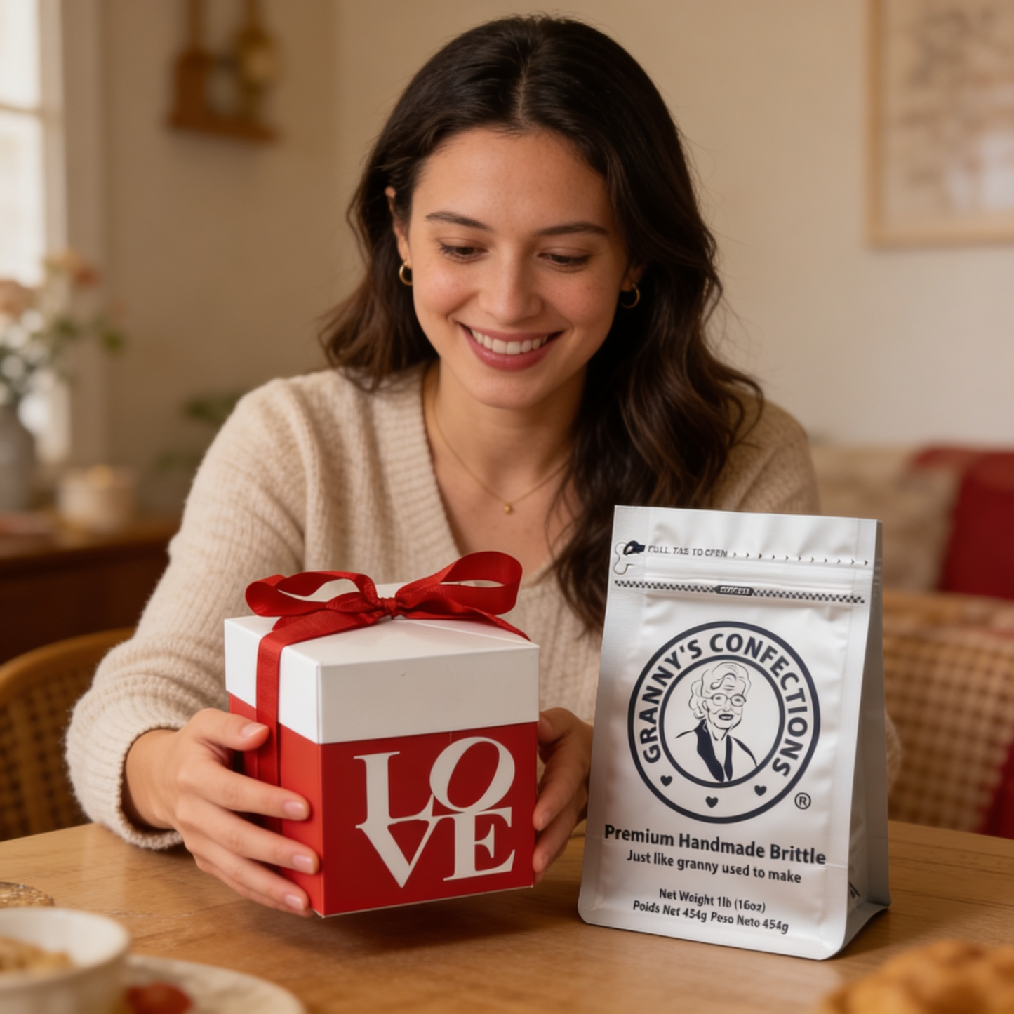 Woman holding a red 'LOVE' gift box with a bag of Granny's ConfectionsPremium Handmade Brittle on a wooden table.