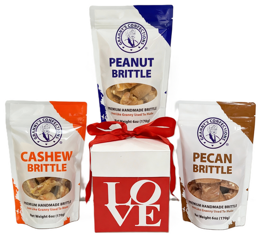 Granny's Confections LOVE Gift Box with Peanut, Pecan, Cashew Brittle