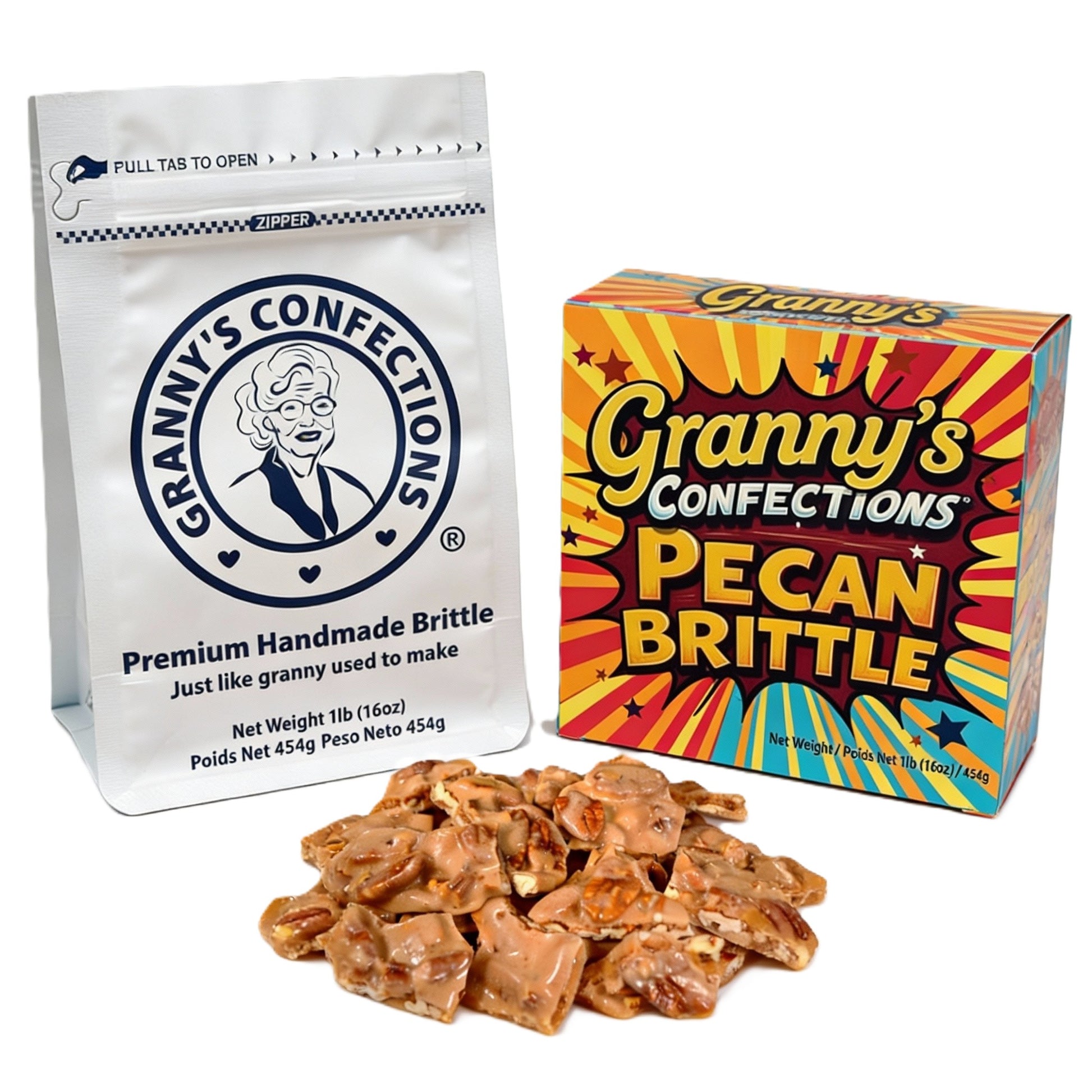 Granny's Confections pecan brittle packaging including a bag and a box with brittle displayed in front.