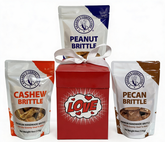 Granny's Confections Pop Art LOVE Gift Box with Peanut, Pecan, Cashew Brittle