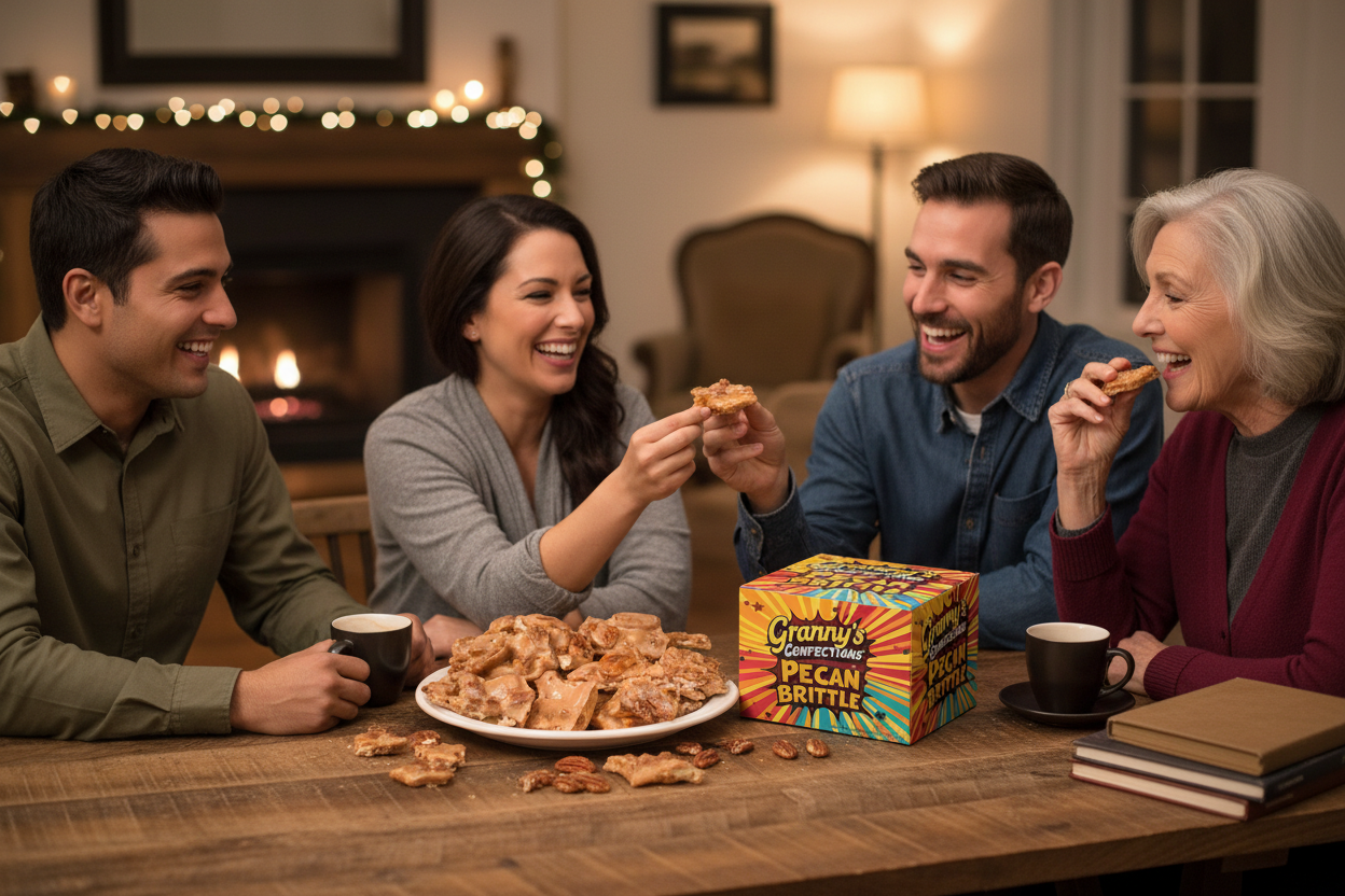 Four people enjoying a snack together with a box of Granny Smith's Cinnamon Brittle on a wooden table.