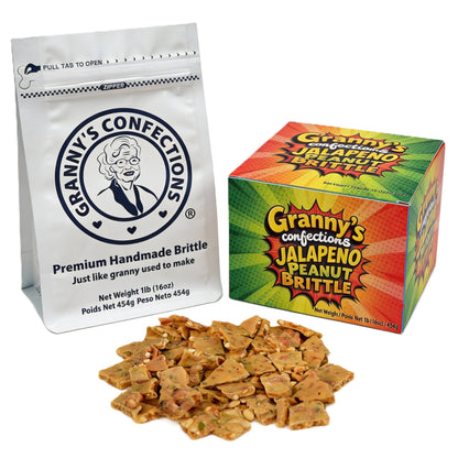 Granny's Confections jalapeno peanut brittle packaging and product on a white background
