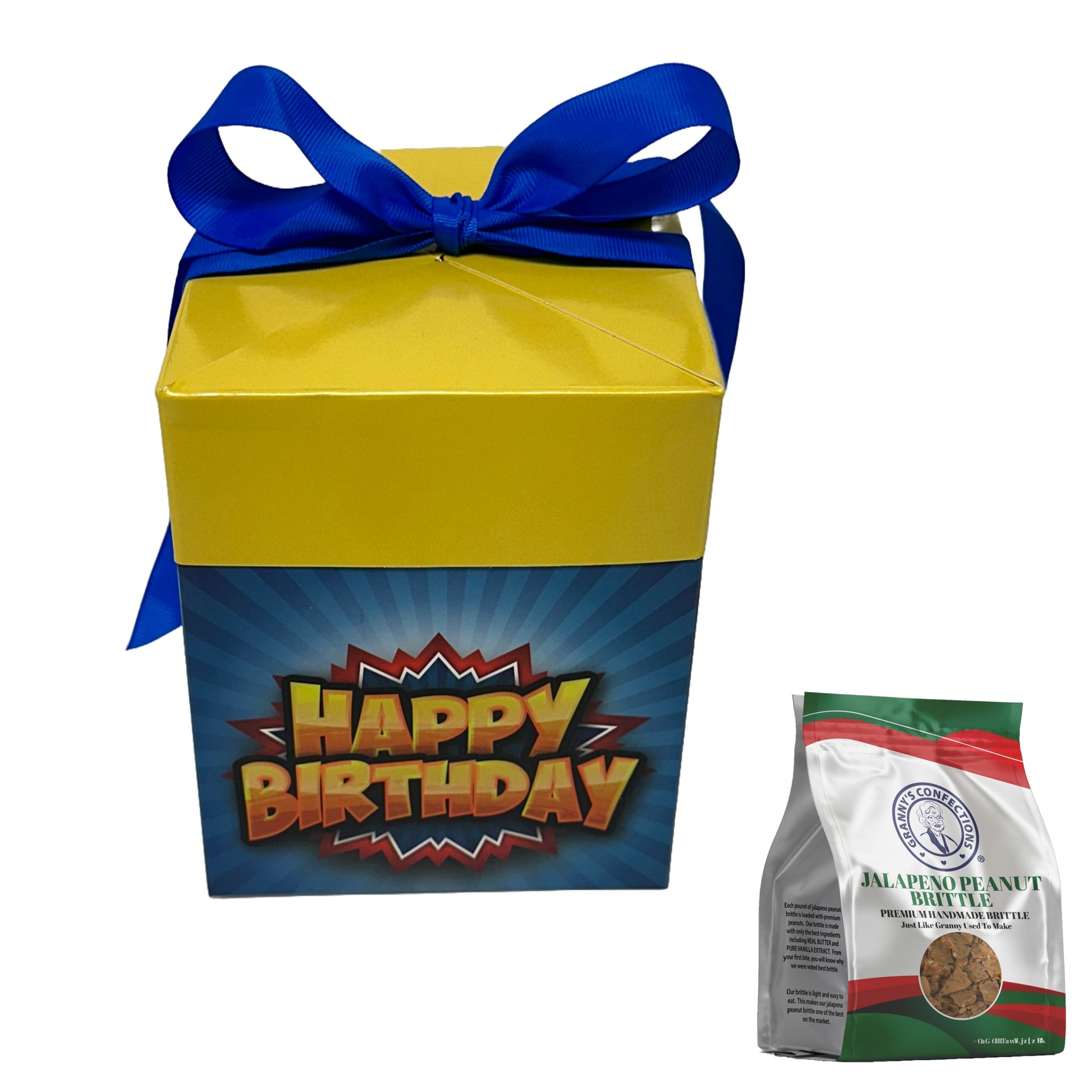 Granny’s Confections Happy Birthday Gift Box Jalapeno Peanut Brittle Is A Thoughtful Special Gift Yellow Blue Pop Art