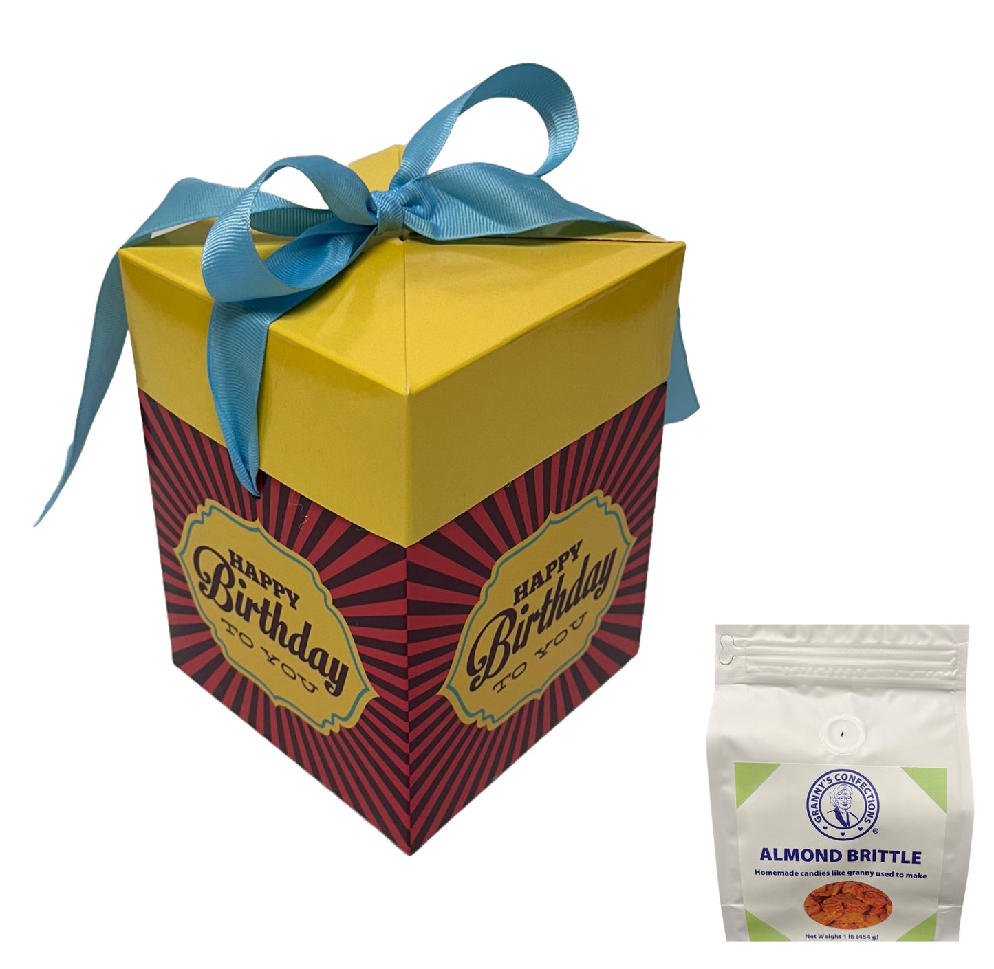 Granny’s Confections Happy Birthday Gift Box Giving the Best Brittle Means You Care Yellow Blue Bow Almond Brittle