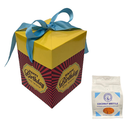 Granny’s Confections Happy Birthday Gift Box Giving the Best Brittle Means You Care Yellow Blue Bow Coconut Brittle