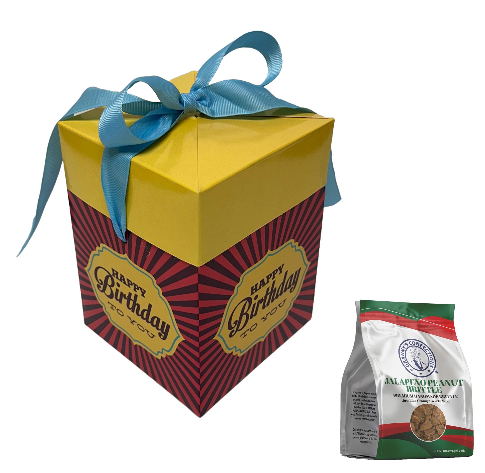 Granny’s Confections Happy Birthday Gift Box Giving the Best Brittle Means You Care Yellow Blue Bow  Jalapeno Peanut Brittle