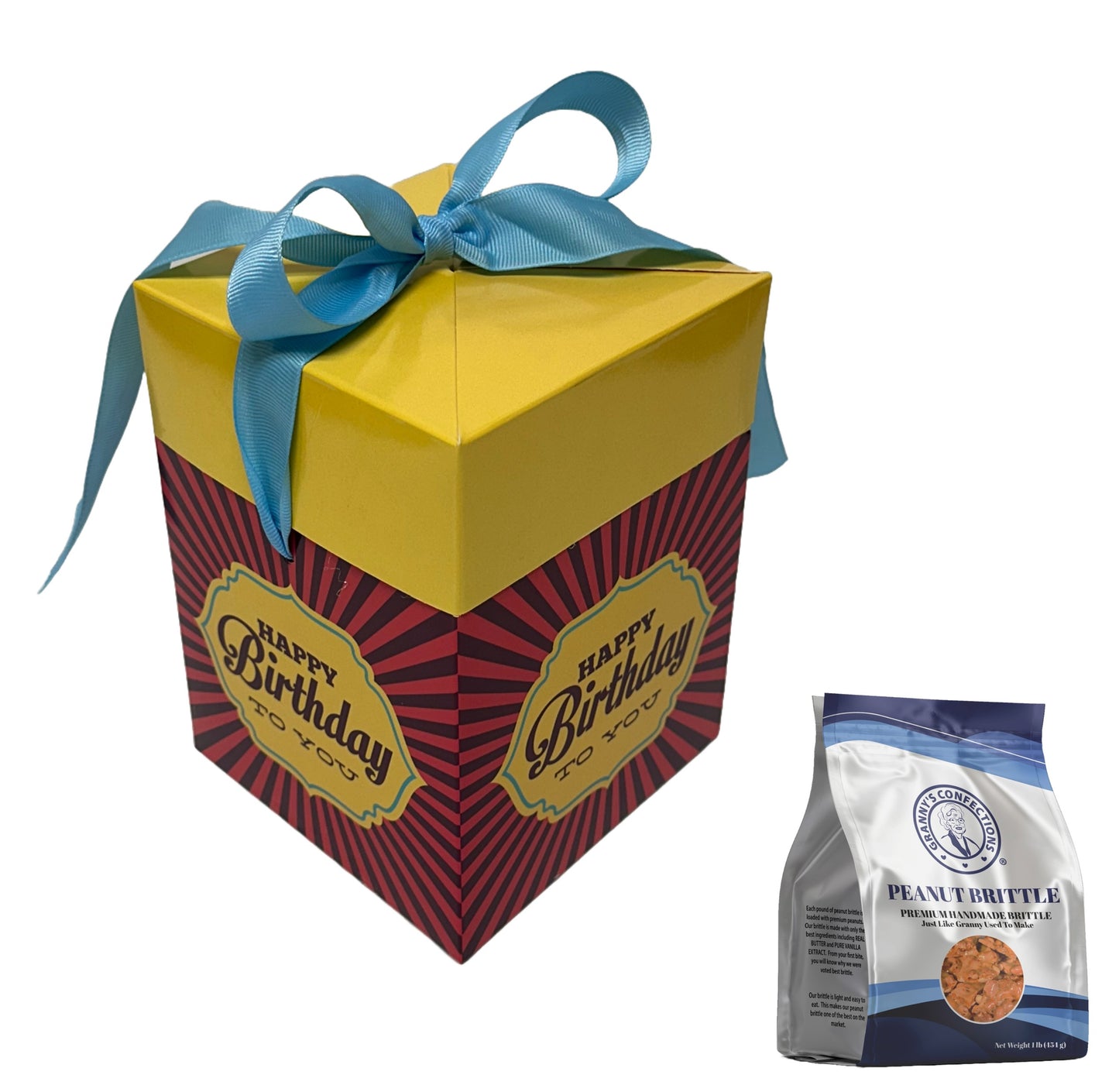 Granny’s Confections Happy Birthday Gift Box Giving the Best Brittle Means You Care Yellow Blue Bow Peanut Brittle