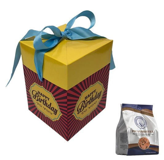 Granny’s Confections Happy Birthday Gift Box Giving the Best Brittle Means You Care Yellow Blue Bow Pecan Brittle