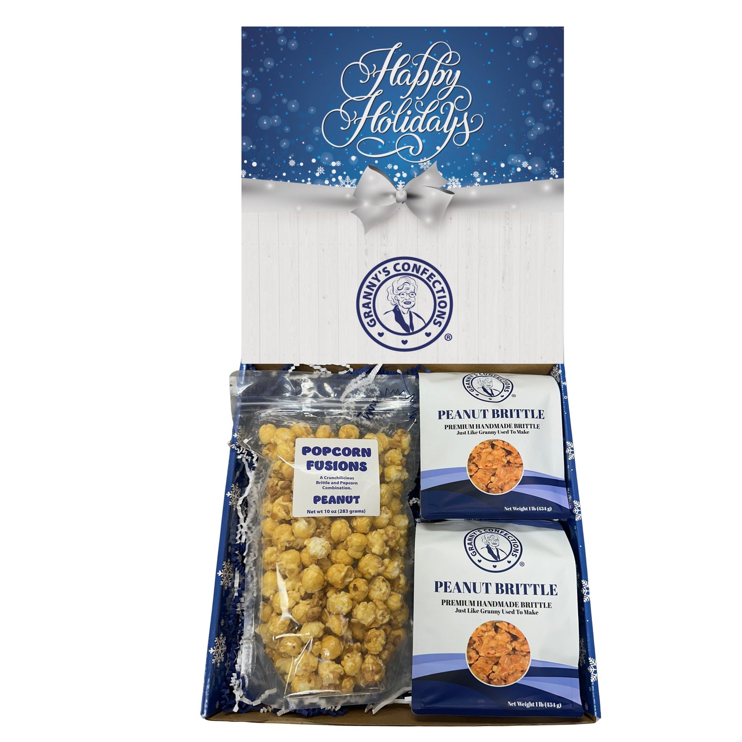 Christmas Holiday Gift Box Caramel Popcorn Peanut Popcorn Cashew Popcorn Pecan Popcorn Peanut Brittle Cashew Brittle Pecan Brittle Granny's Confections