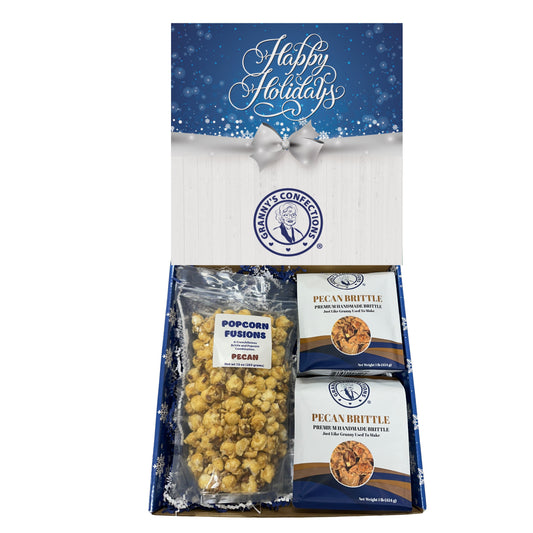 Christmas Holiday Gift Box Caramel Popcorn Peanut Popcorn Cashew Popcorn Pecan Popcorn Peanut Brittle Cashew Brittle Pecan Brittle Granny's Confections