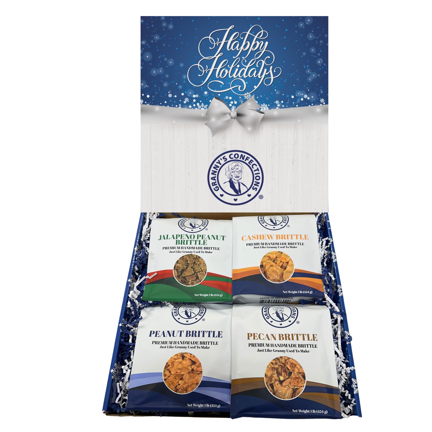 Christmas Holiday Gift Box Caramel Popcorn Peanut Popcorn Cashew Popcorn Pecan Popcorn Peanut Brittle Cashew Brittle Pecan Brittle Granny's Confections