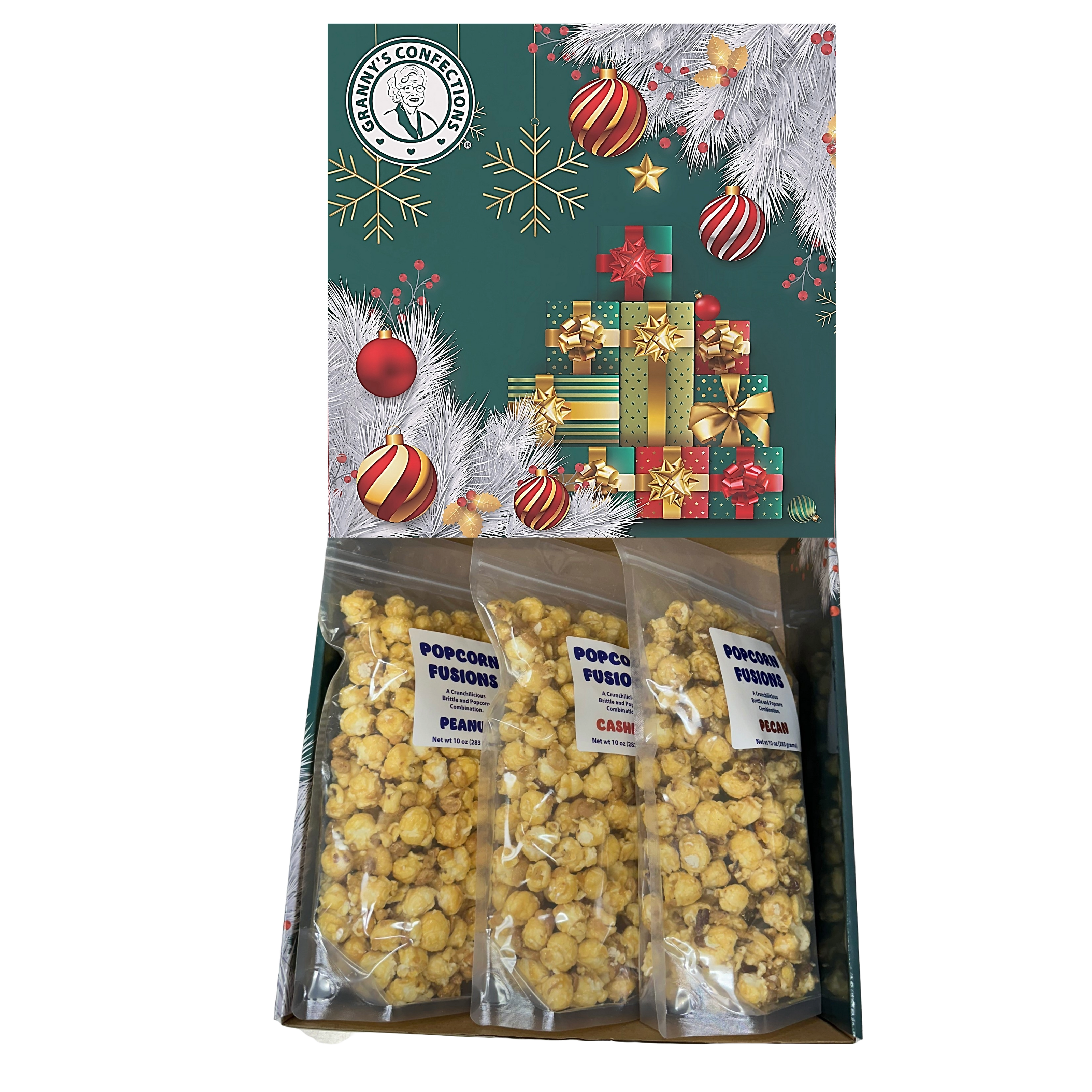 Granny's Confections Christmas Gift Box Caramel Popcorn cashew Pecan Peanut Popcorn Fusions 