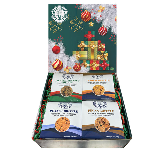 Christmas Holiday Gift Box Caramel Popcorn Peanut Popcorn Cashew Popcorn Pecan Popcorn Peanut Brittle Cashew Brittle Pecan Brittle Granny's Confections