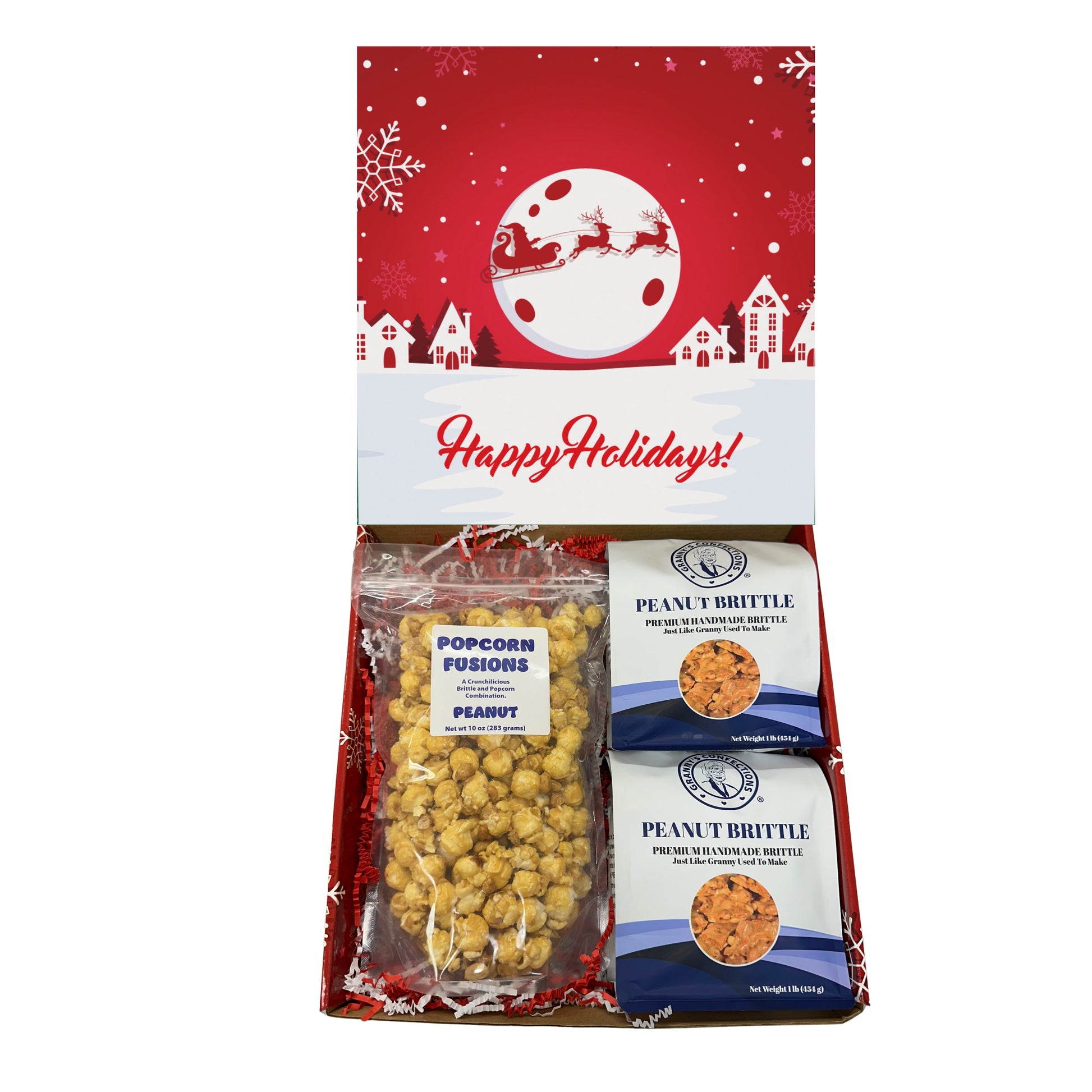 Christmas Holiday Gift Box Caramel Popcorn Peanut Popcorn Cashew Popcorn Pecan Popcorn Peanut Brittle Cashew Brittle Pecan Brittle Granny's Confections
