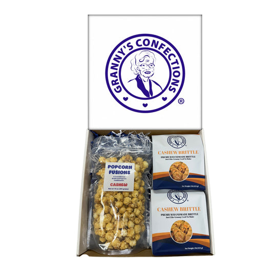 Christmas Holiday Gift Box Caramel Popcorn Peanut Popcorn Cashew Popcorn Pecan Popcorn Peanut Brittle Cashew Brittle Pecan Brittle Granny's Confections