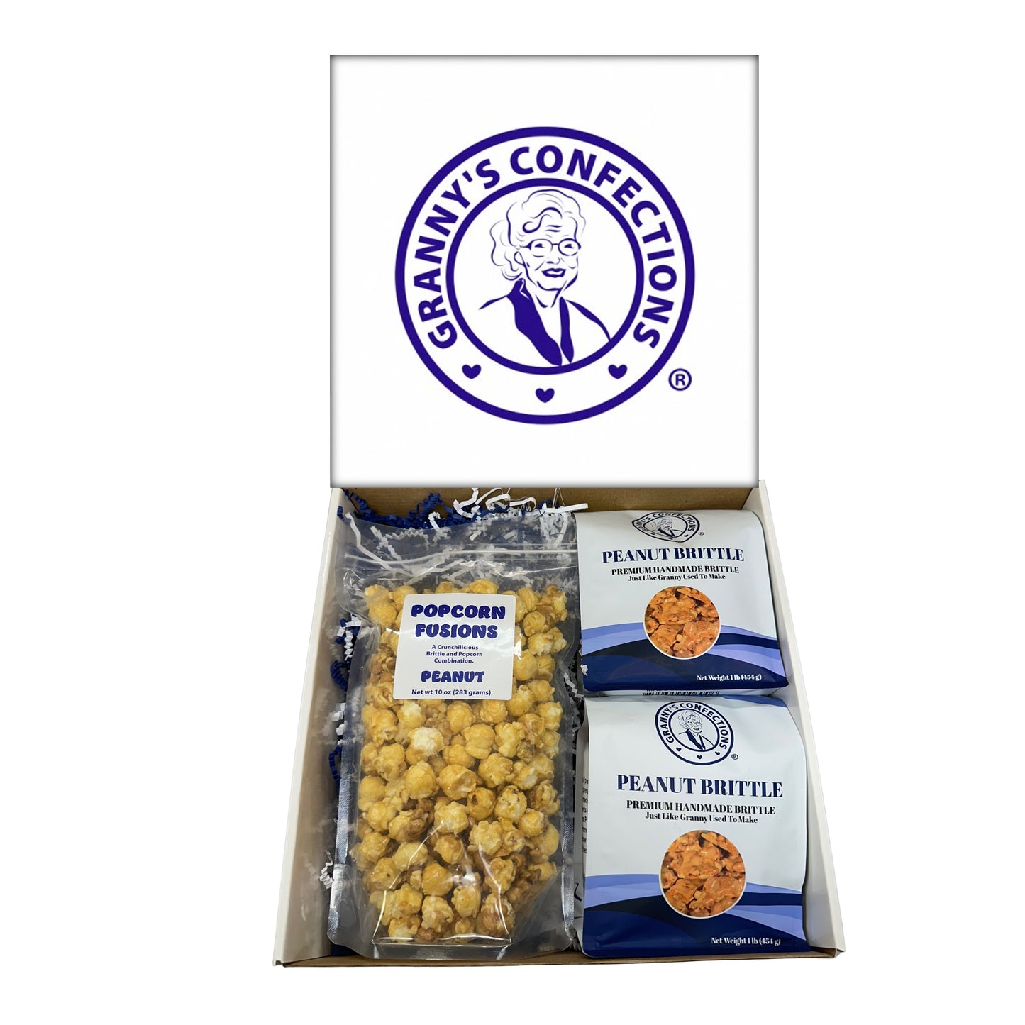 Christmas Holiday Gift Box Caramel Popcorn Peanut Popcorn Cashew Popcorn Pecan Popcorn Peanut Brittle Cashew Brittle Pecan Brittle Granny's Confections