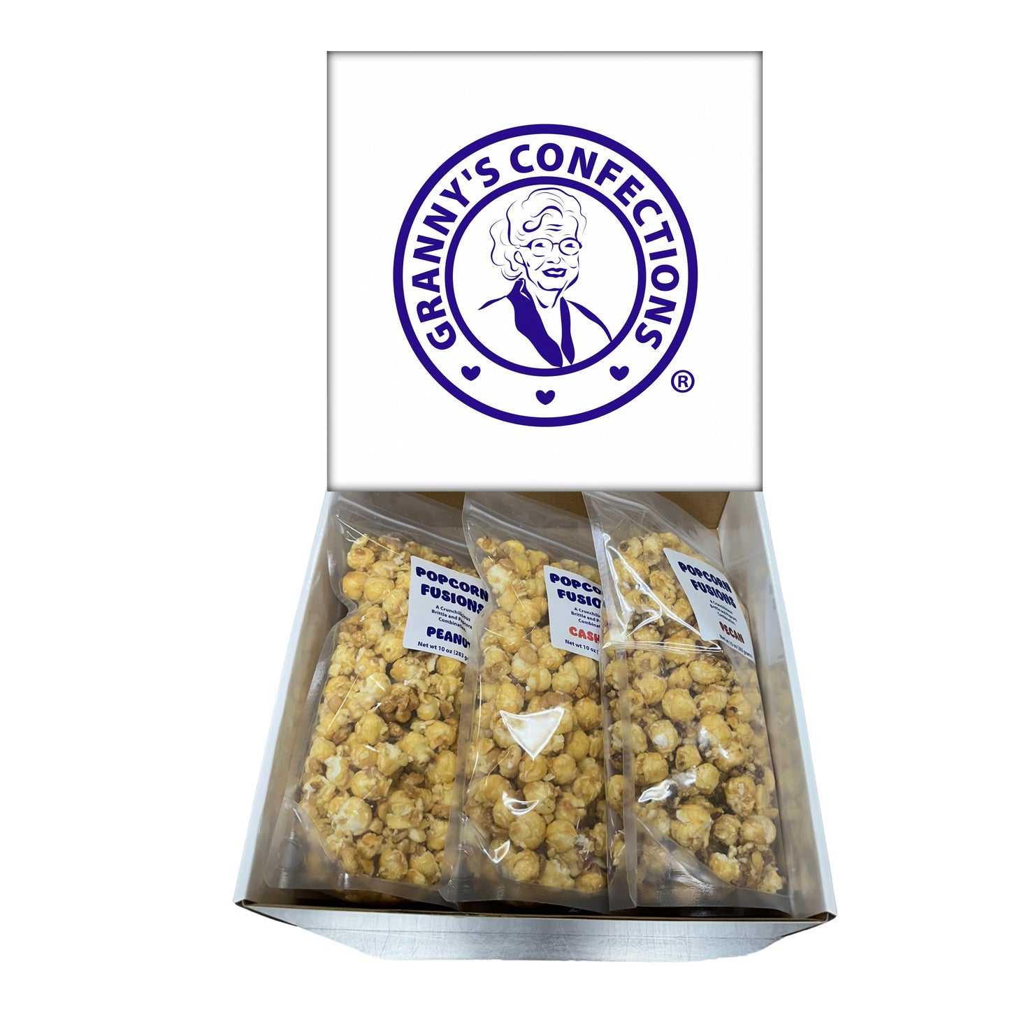 Christmas Holiday Gift Box Caramel Popcorn Peanut Popcorn Cashew Popcorn Pecan Popcorn Peanut Brittle Cashew Brittle Pecan Brittle Granny's Confections