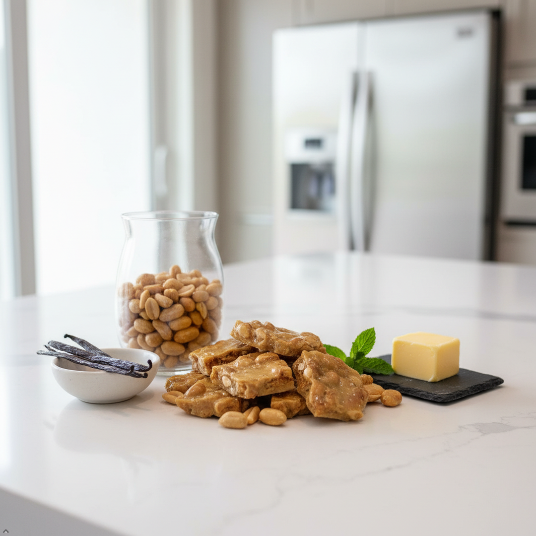 Nuts and a block of butter on a kitchen counter with a refrigerator in the background.