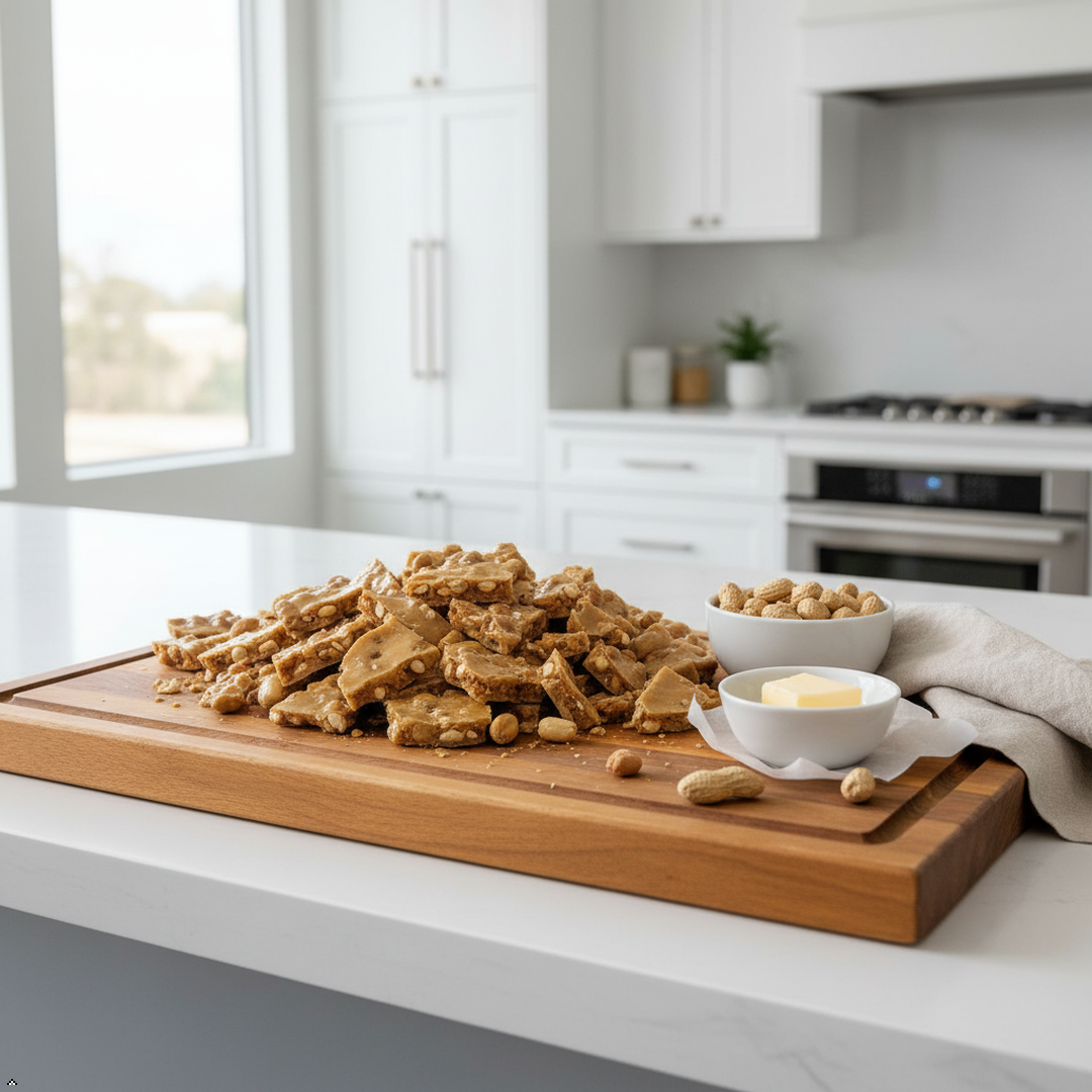 Wooden cutting board with peanut brittle on a kitchen counter