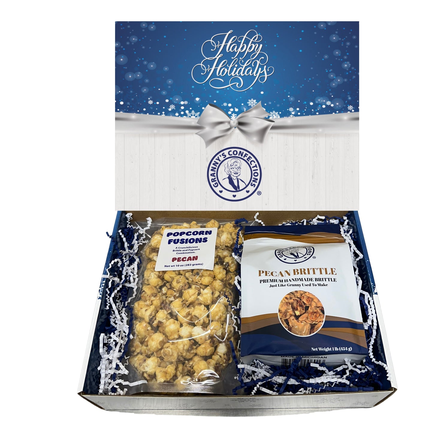 Christmas Holiday Gift Box Caramel Popcorn Peanut Popcorn Cashew Popcorn Pecan Popcorn Peanut Brittle Cashew Brittle Pecan Brittle Granny's Confections