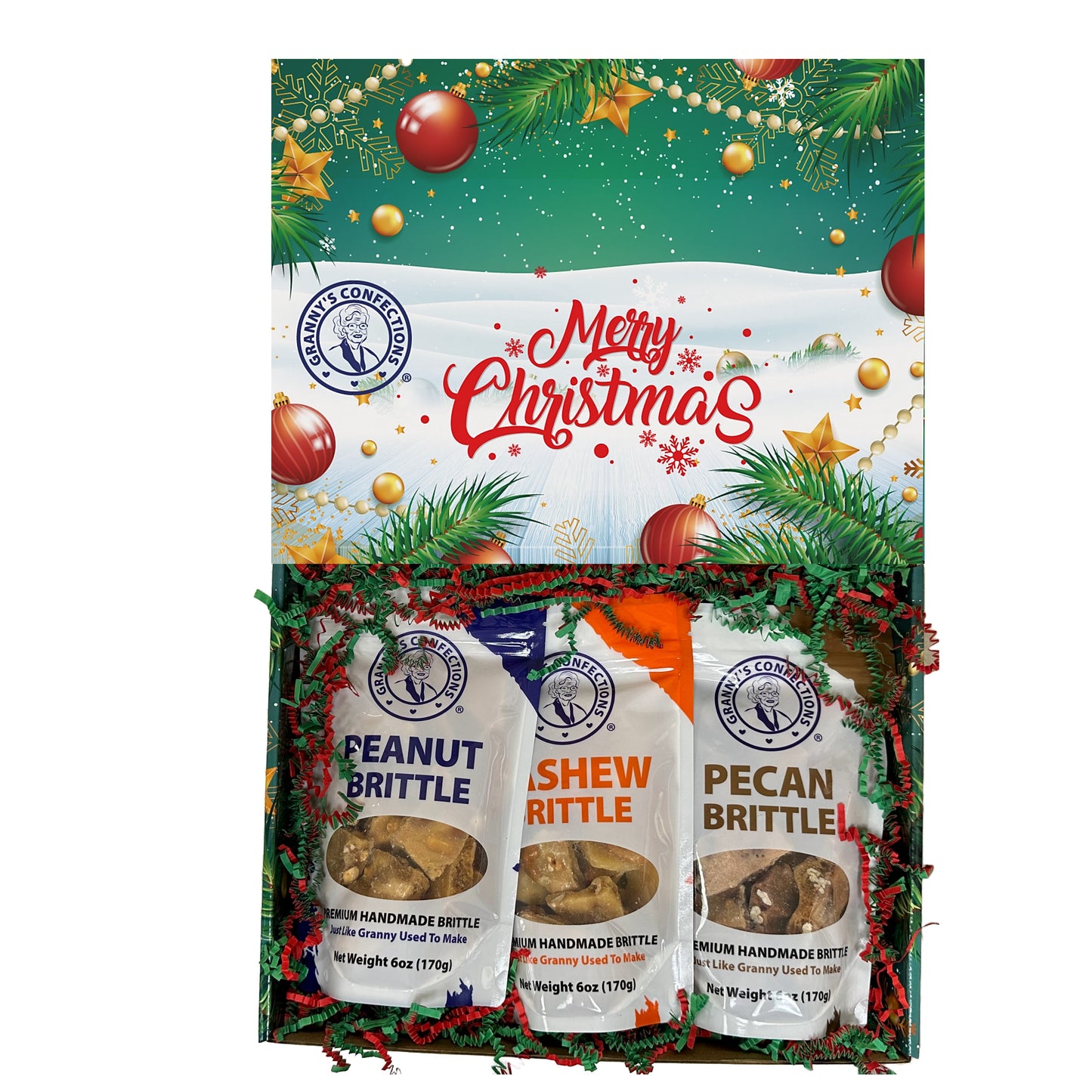 Christmas Holiday Gift Box Caramel Popcorn Peanut Popcorn Cashew Popcorn Pecan Popcorn Peanut Brittle Cashew Brittle Pecan Brittle Granny's Confections