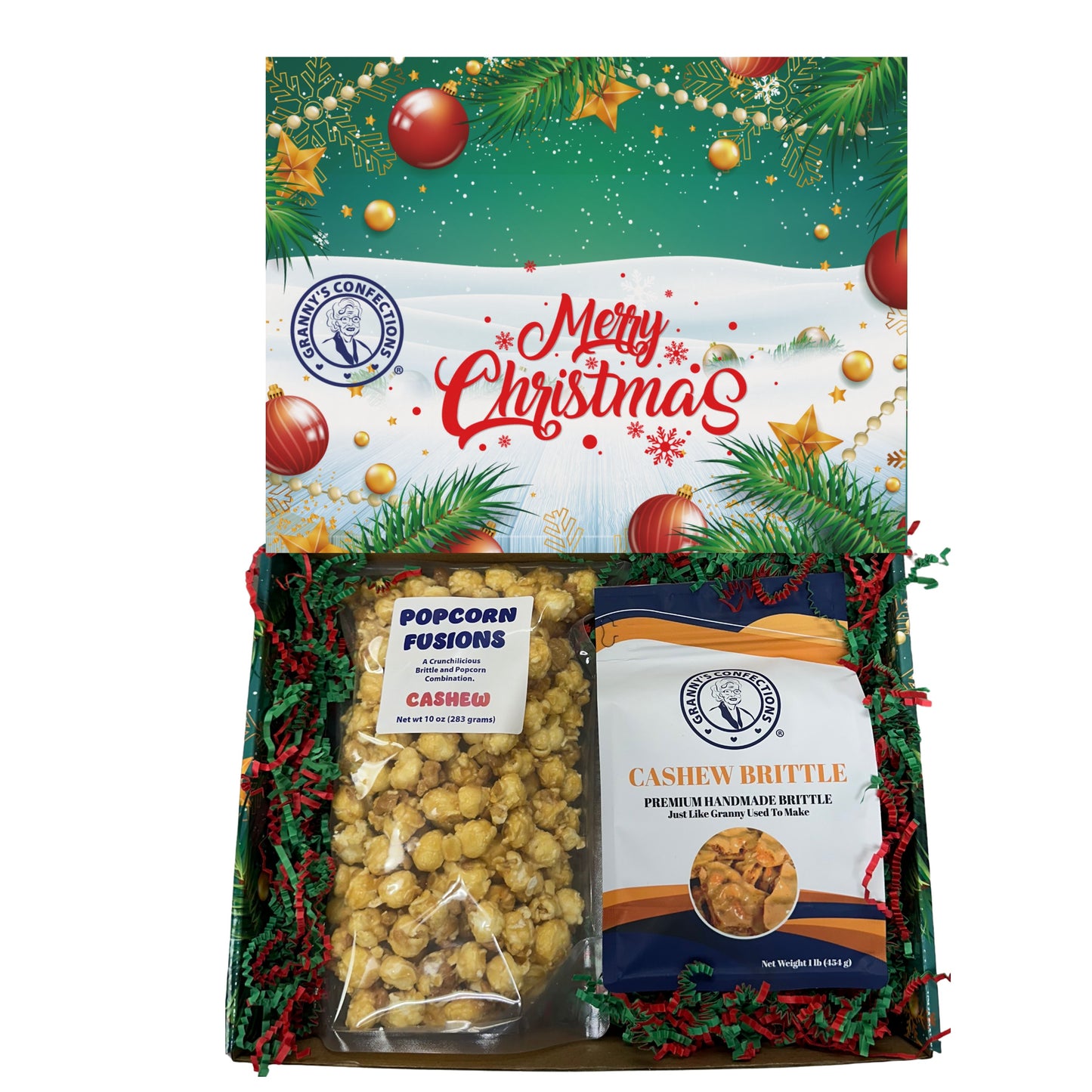 Christmas Holiday Gift Box Caramel Popcorn Peanut Popcorn Cashew Popcorn Pecan Popcorn Peanut Brittle Cashew Brittle Pecan Brittle Granny's Confections