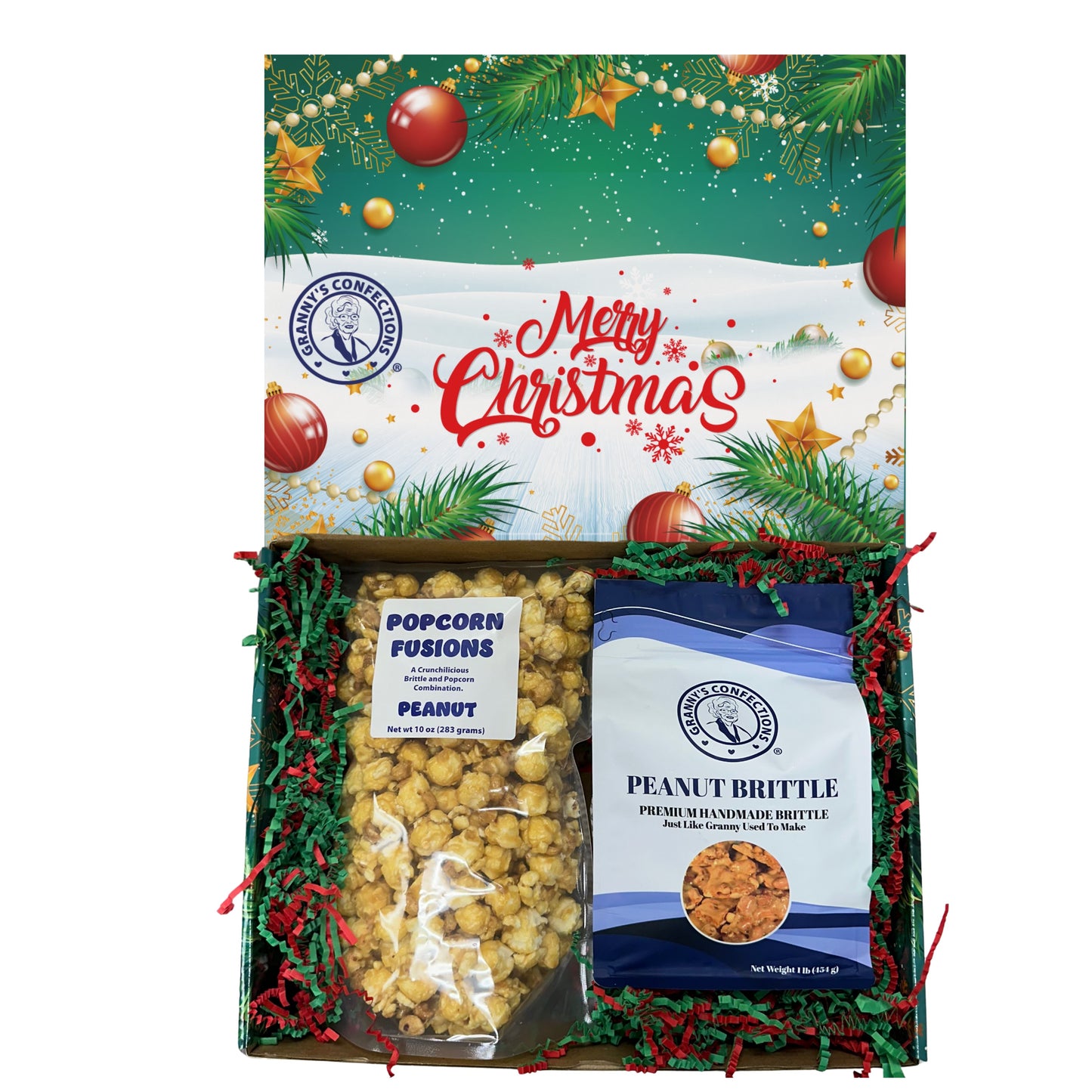 Christmas Holiday Gift Box Caramel Popcorn Peanut Popcorn Cashew Popcorn Pecan Popcorn Peanut Brittle Cashew Brittle Pecan Brittle Granny's Confections