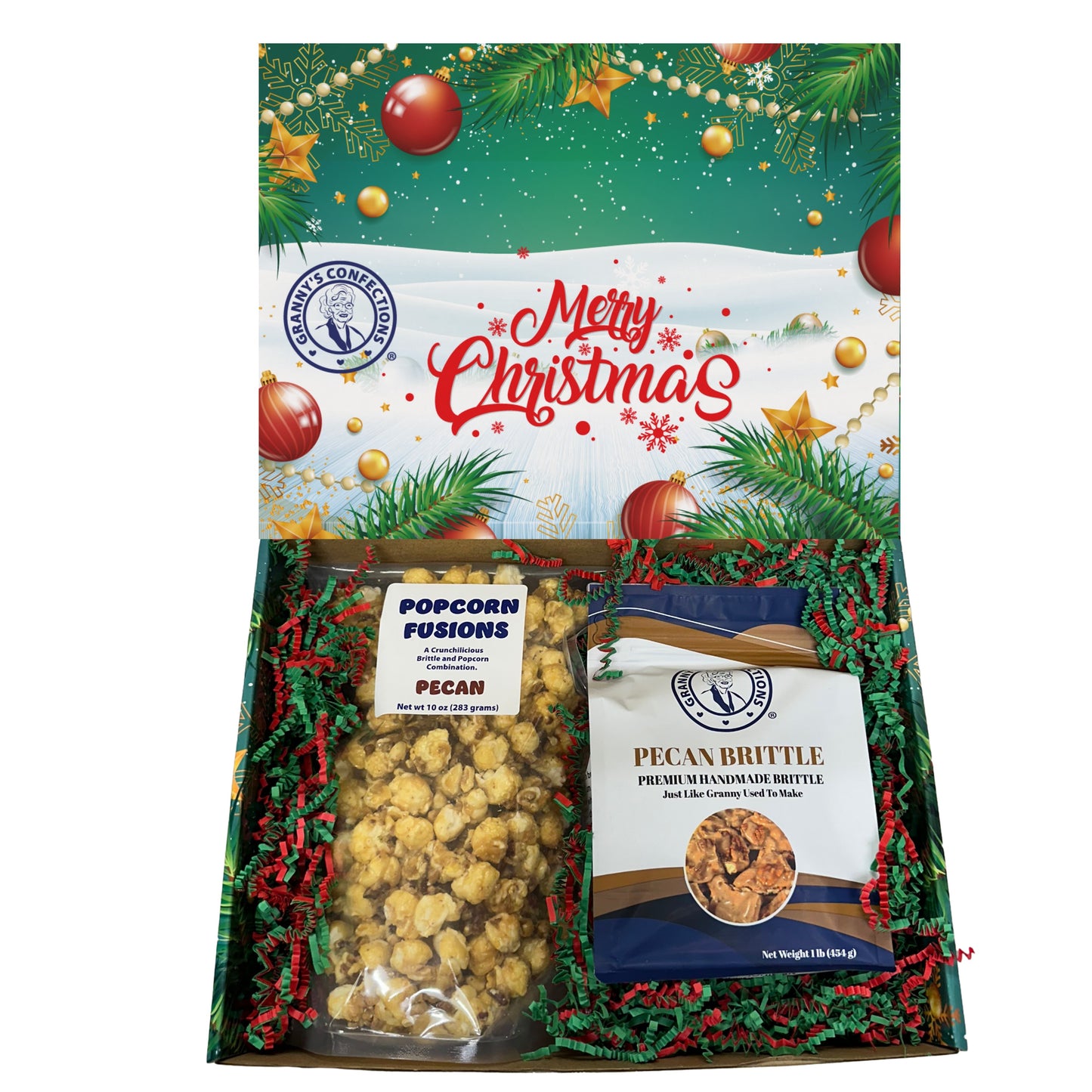 Christmas Holiday Gift Box Caramel Popcorn Peanut Popcorn Cashew Popcorn Pecan Popcorn Peanut Brittle Cashew Brittle Pecan Brittle Granny's Confections