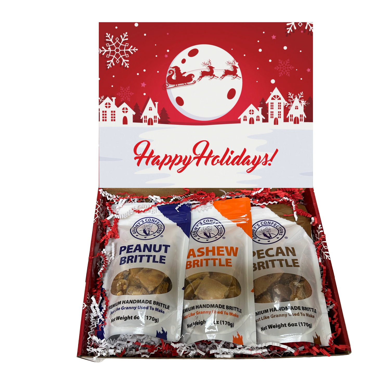 Happy Holidays Gift Box Granny's Confections Peanut Brittle Cashew Brittle Pecan Brittle