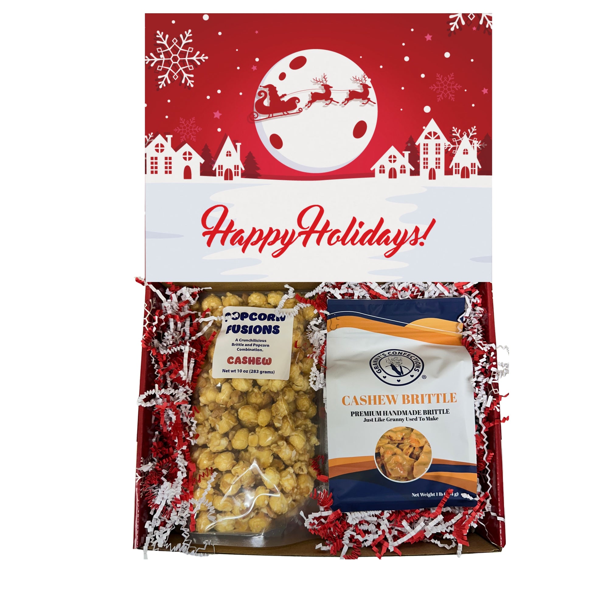 Christmas Holiday Gift Box Caramel Popcorn Peanut Popcorn Cashew Popcorn Pecan Popcorn Peanut Brittle Cashew Brittle Pecan Brittle Granny's Confections