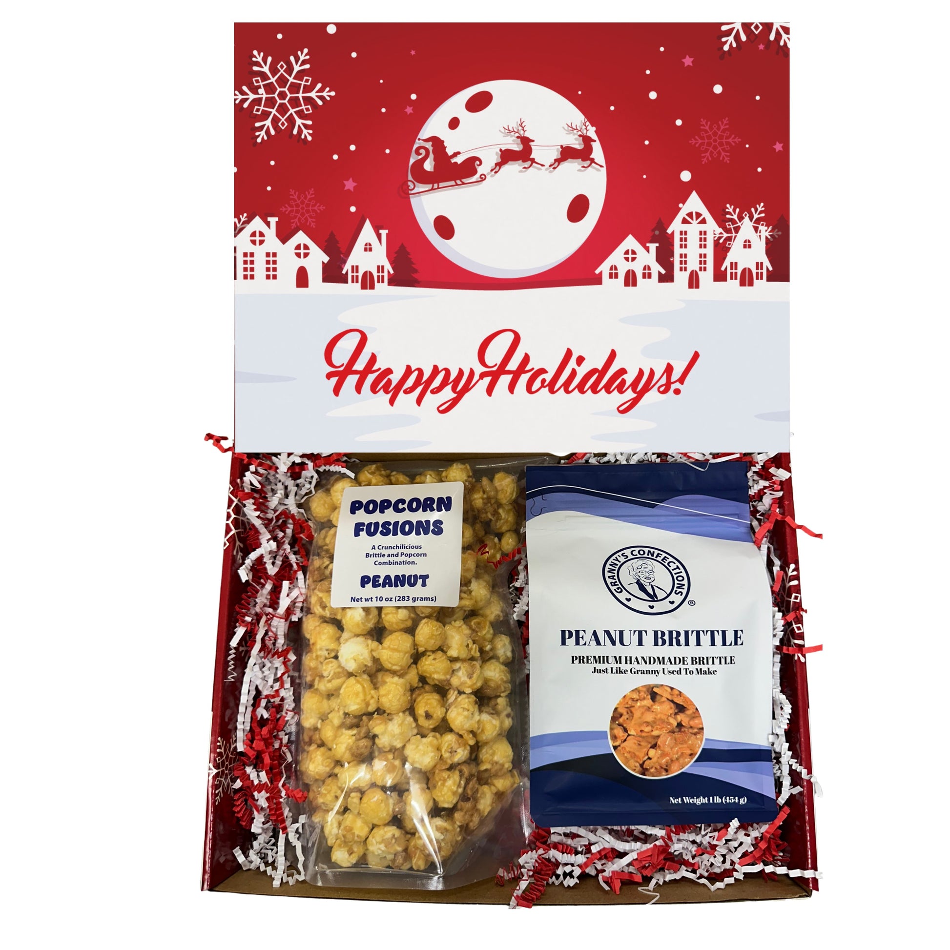 Christmas Holiday Gift Box Caramel Popcorn Peanut Popcorn Cashew Popcorn Pecan Popcorn Peanut Brittle Cashew Brittle Pecan Brittle Granny's Confections