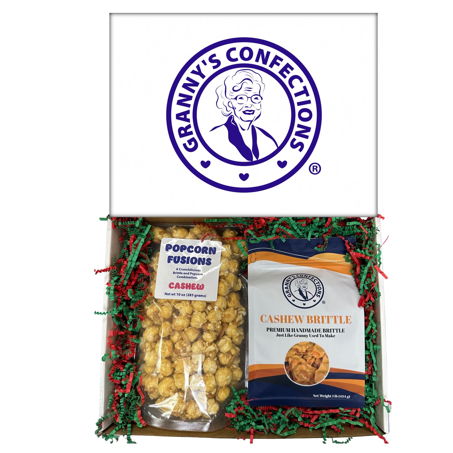 Christmas Holiday Gift Box Caramel Popcorn Peanut Popcorn Cashew Popcorn Pecan Popcorn Peanut Brittle Cashew Brittle Pecan Brittle Granny's Confections