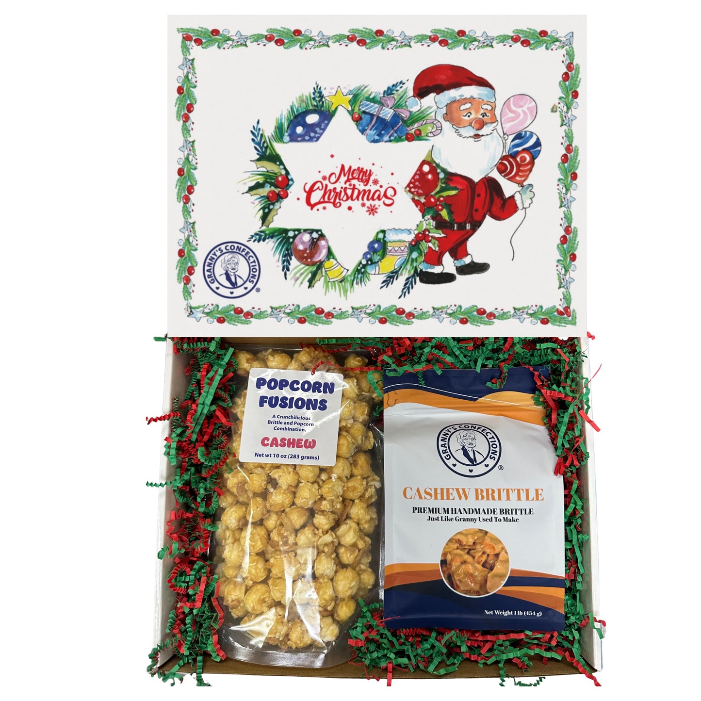 Christmas Holiday Gift Box Caramel Popcorn Peanut Popcorn Cashew Popcorn Pecan Popcorn Peanut Brittle Cashew Brittle Pecan Brittle Granny's Confections
