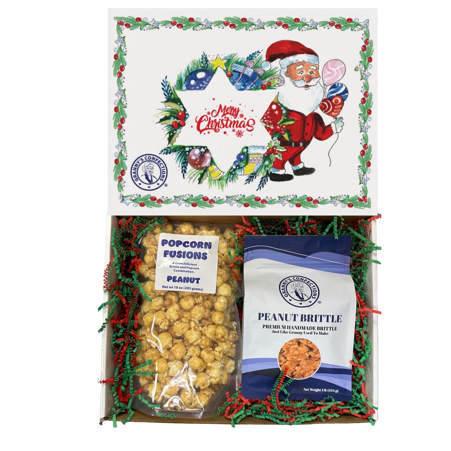 Christmas Holiday Gift Box Caramel Popcorn Peanut Popcorn Cashew Popcorn Pecan Popcorn Peanut Brittle Cashew Brittle Pecan Brittle Granny's Confections