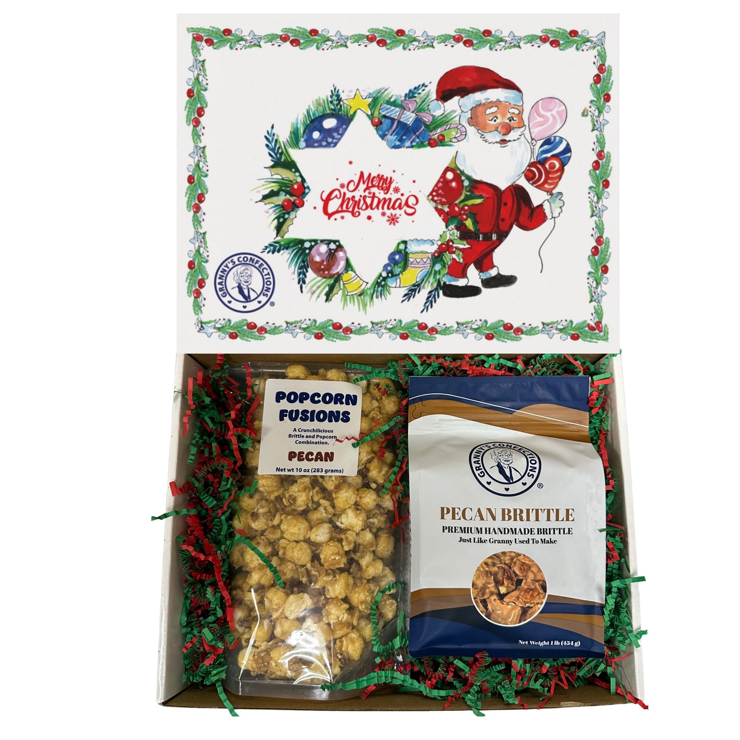 Christmas Holiday Gift Box Caramel Popcorn Peanut Popcorn Cashew Popcorn Pecan Popcorn Peanut Brittle Cashew Brittle Pecan Brittle Granny's Confections
