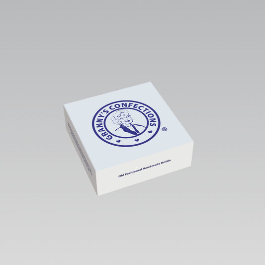 Glossy White Logo Holiday Gift Box Grannys Confections Peanut Brittle